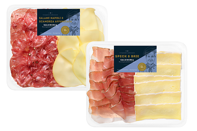 Zwei Packungen Salami & Käse diagonal nebeneinander von der Marke Casa di Pietro