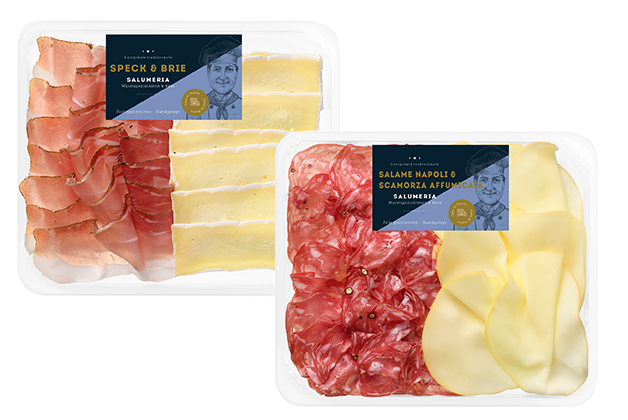 Zwei Packungen Salami & Käse diagonal nebeneinander von der Marke Casa di Pietro